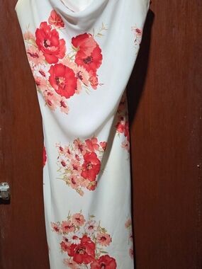 Floral Cowl Neck Women’s Dress in Cream with Red Bloom Print